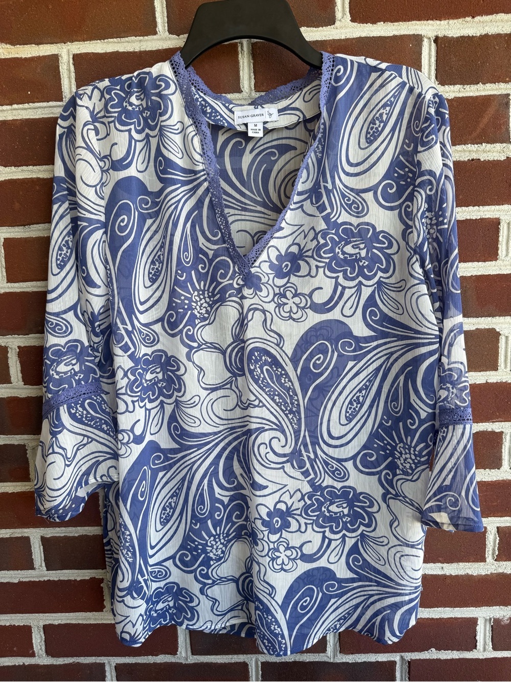 Susan Graver Blue & White Paisley Floral V-Neck Tunic